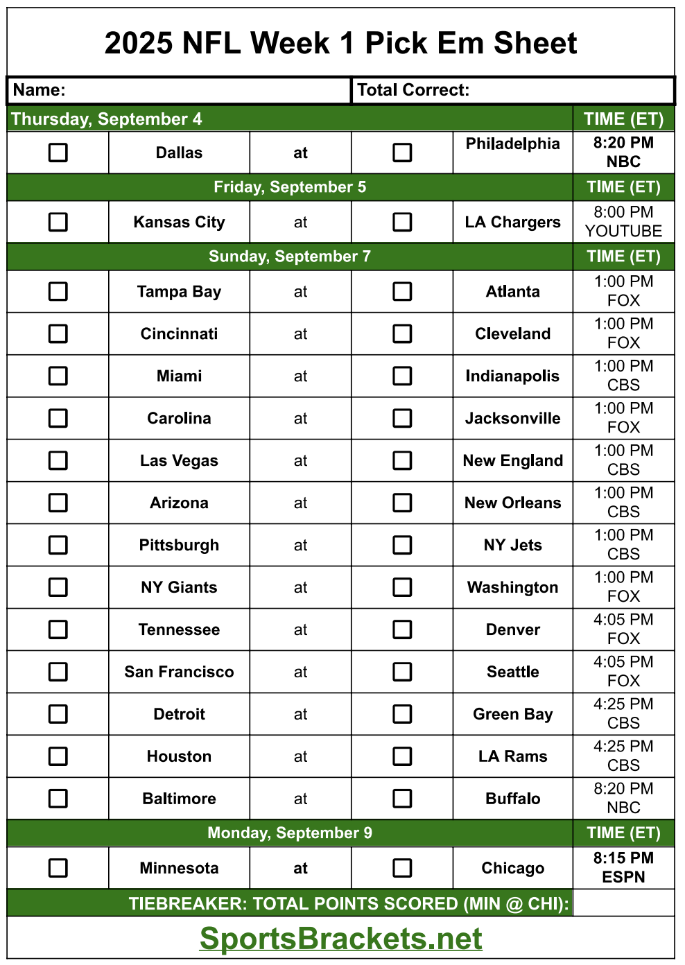 2025 NFL Semana 1; Imprimible, Formato PDF – Deportes Brackets