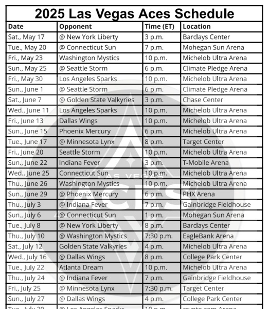Horario Aces Las Vegas 2025; Imprimible, formato PDF