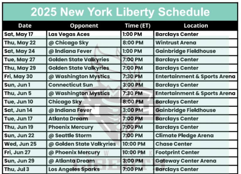 Horario Liberty Nueva York 2025; Imprimible, formato PDF